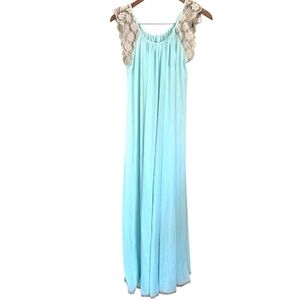 Vintage Komar Nylon Lace Sleeve Drapey Night Gown Turquoise Blue Size Small